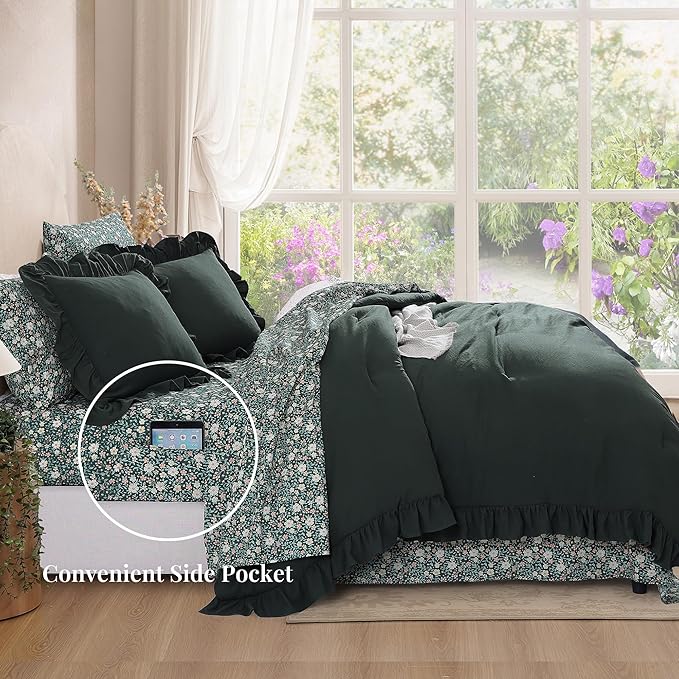 Full Comforter Set - 7 Pieces Ruffle Forest Green Bedding Sets, Shabby Chic Farmhouse Bed in a Bag with Ruffle Comforter, Floral Sheets, Pillowcases & Shams