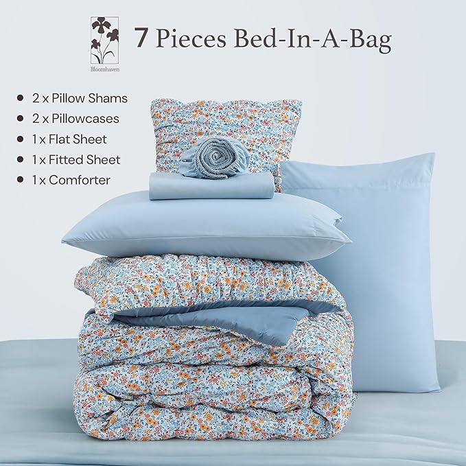 Queen Comforter Set - 7 Pieces Blue Classic Puff Floral Bedding Sets for All Seasons, Shabby Chic Farmhouse Bed in a Bag Queen with Wildflowers Fluffy Comforter, Sheets, Pillowcases & Shams