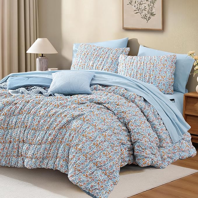 Twin XL Comforter Set - 5 Pieces Puff Blue Marigold Floral Bedding Set for All Seasons, Shabby Chic Farmhouse Bed in a Bag Twin XL with Floral Comforter, Sheets, Pillowcases & Shams