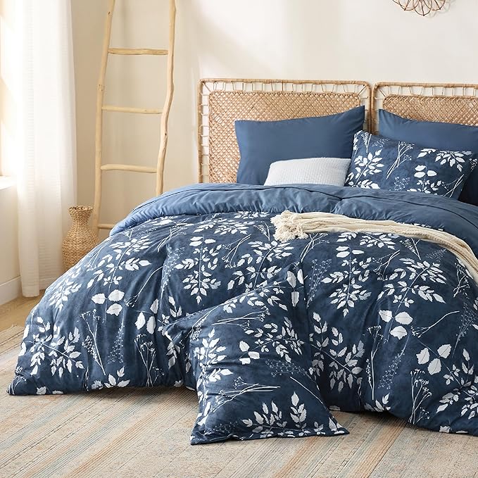 Bedsure King Size Comforter Set - 7 Pieces Floral Navy Soft Bedding Sets, King Bed in a Bag with Botanical Flowers Comforter, Sheets, Pillowcases & Shams