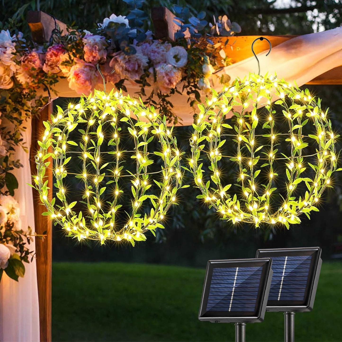 Solar Powered Hanging Iron Sphere Lights with Artificial Greenery – 12Inch 120 LED Waterproof Outdoor Decor Ball Light with Timer & 8 Modes – 2 Pack for Garden, Christmas, Weddings (Warm White)