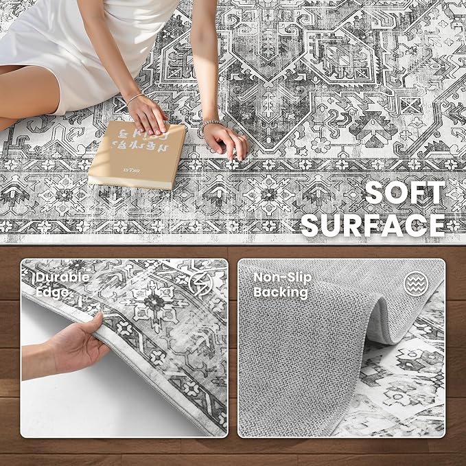 zesthome 5x7 Area Rugs - Ultra-Thin Washble Rug, Stain Resistant Anti Slip Backing Rugs for Living Room,Bedroom, Vintage Home Decor Area Rug (Grey/White,5'x7')