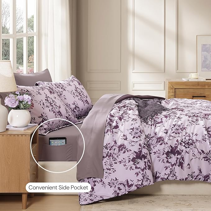 Twin XL Comforter Set -5 Pieces Floral Deep Purple Bedding Set for All Seasons, Bed in a Bag with Botanical Flowers Comforter, Sheets, Pillowcase & Sham