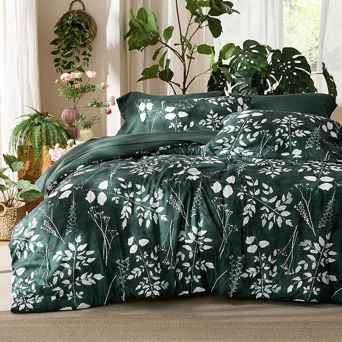 Bedsure Twin Comforter Set - 5 Pieces Floral Forest Green Soft Bedding Sets, Twin Bed in a Bag with Botanical Flowers Comforter, Sheets, Pillowcase & Sham