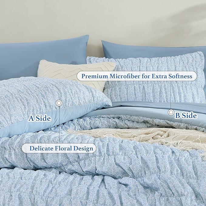 King Comforter Set - 7 Pieces Blue Classic Puff Floral Bedding Sets for All Seasons, Shabby Chic Farmhouse Bed in a Bag King with Wildflowers Fluffy Comforter, Sheets, Pillowcases & Shams