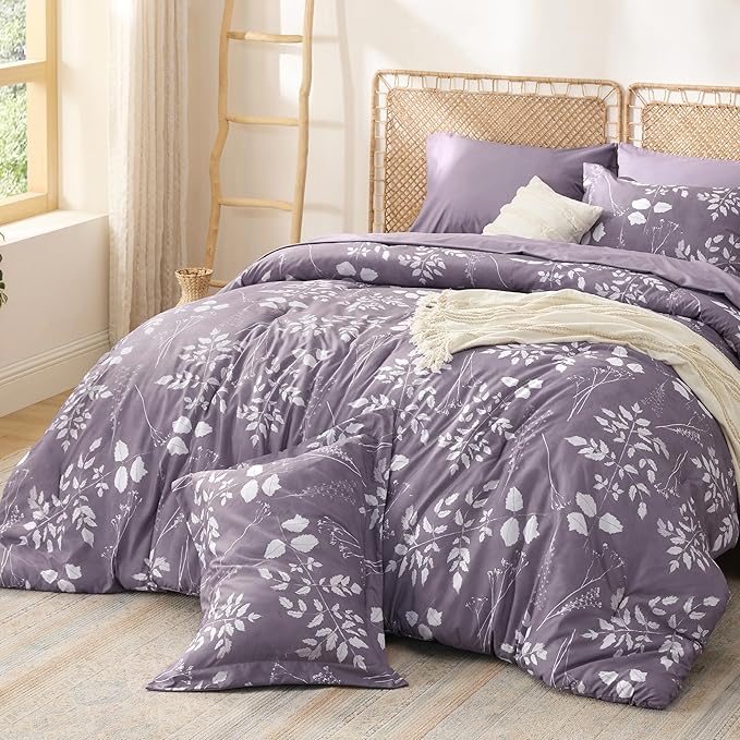Bedsure Grayish Purple Full Comforter Set - 7 Pieces Floral Bedding Sets Full Bed in a Bag with Reversible Botanical Flowers Comforter, Sheets, Pillowcases & Shams