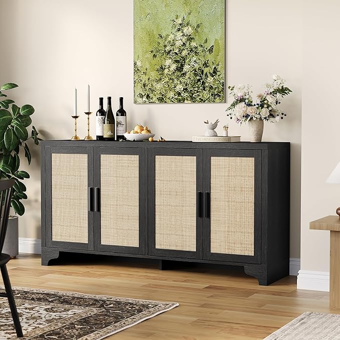 Garvee Natural Rattan Storage Cabinet with Shelves, 4-Door Sideboard Buffet Cabinet, Boho TV Stand Console Table for Living Room, Entryway, Dinning Room