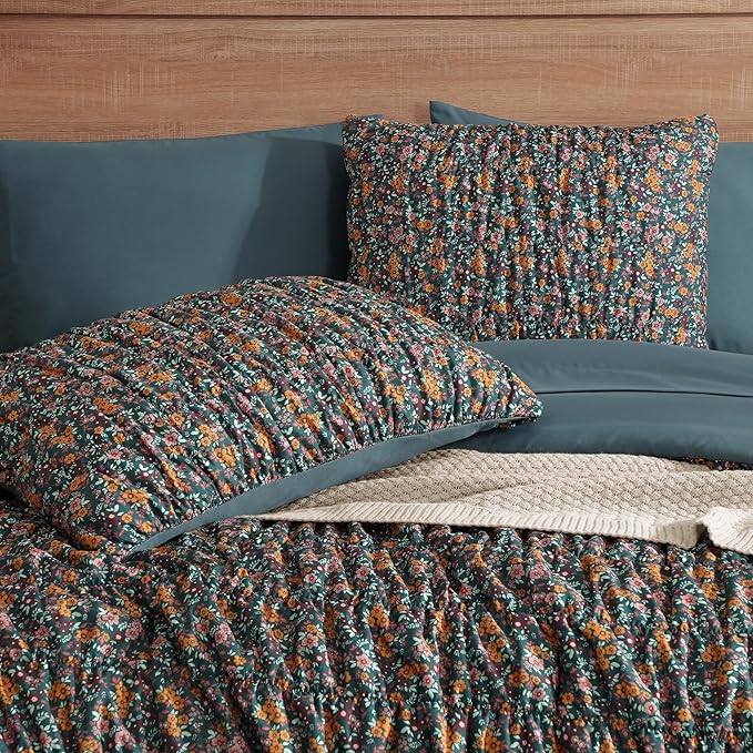 Queen Comforter Set-7 Pieces Dark Green Classic Puff Floral Bedding Sets for All Seasons,Shabby Chic Farmhouse Bed in a Bag Queen with Wildflowers Comforter,Sheets, Pillowcases & Shams