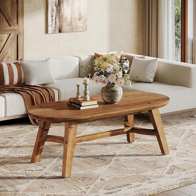 LITTLE TREE Oval Coffee Table, 47" Real Wood Living Room Table, Natural Pine Solid Wood Coffee Table, Modern Center Accent Furniture, Child-Friendly,Rustic Brown