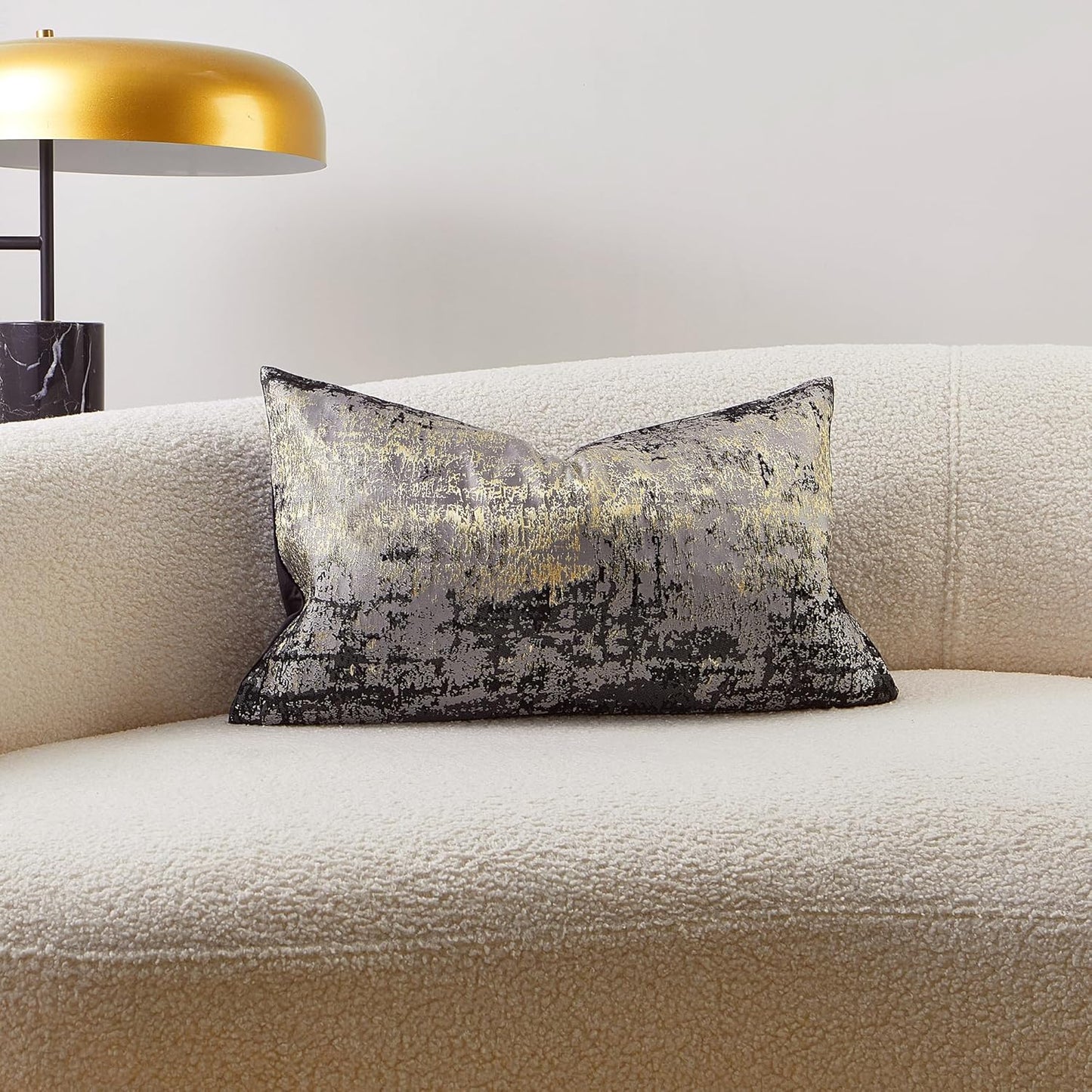 THE-TINOART Charcoal Gray & Black Pillow Cover 12x20 - Gold Embroidered Luxury Jacquard, Modern Reversible Throw Pillow Cover for Sofa/Bed, Velvet Backing