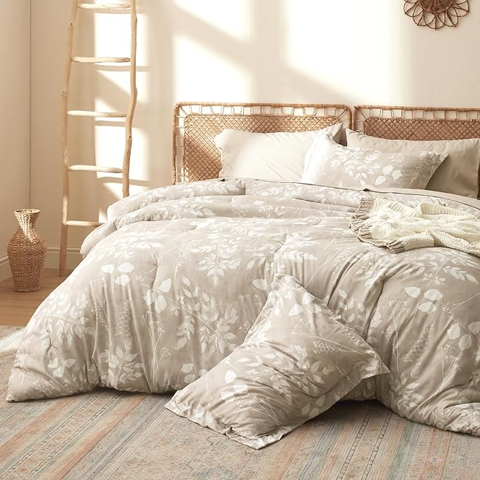 Bedsure Full Size Comforter Set - 7 Pieces Floral Beige Soft Bedding Sets, Full Bed in a Bag with Botanical Flowers Comforter, Sheets, Pillowcases & Shams