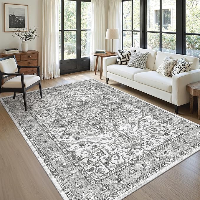zesthome 5x7 Area Rugs - Ultra-Thin Washble Rug, Stain Resistant Anti Slip Backing Rugs for Living Room,Bedroom, Vintage Home Decor Area Rug (Grey/White,5'x7')