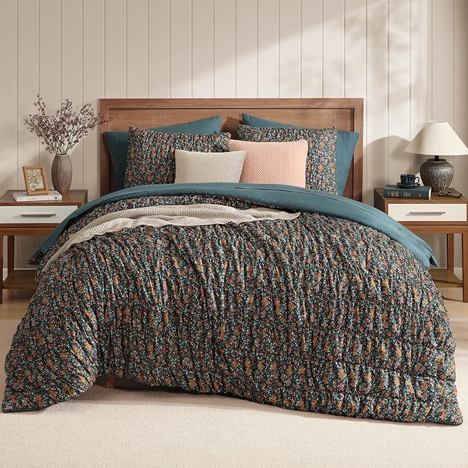 Queen Comforter Set-7 Pieces Dark Green Classic Puff Floral Bedding Sets for All Seasons,Shabby Chic Farmhouse Bed in a Bag Queen with Wildflowers Comforter,Sheets, Pillowcases & Shams