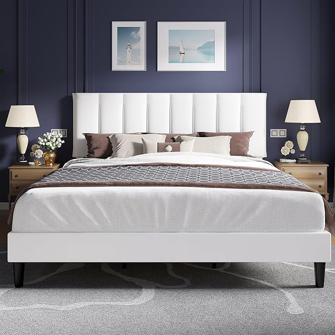 VECELO King Size Bed Frame with Upholstered Headboard, Heavy-Duty Bedframe with Strong Wooden Slats Support, No Boxing Spring Needed, Pure White
