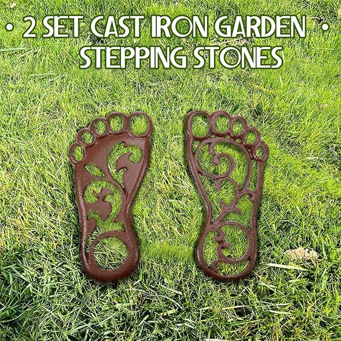 Hicarer 2 Sets Cast Iron Garden Stake Down Stepping Stones Feet Heavy Duty Footprint Stepping Mat Walking Stones for Garden Walkway Decor Cast Iron Flagstone Lawn Panel Walkway Landscaping Outdoor