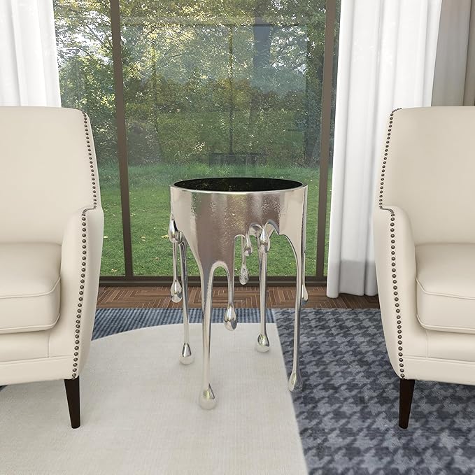 Deco 79 Aluminum Metal Side End Accent Table Drip End Table with Melting Design and Shaded Glass Top, Side Table 16" x 16" x 25", Silver