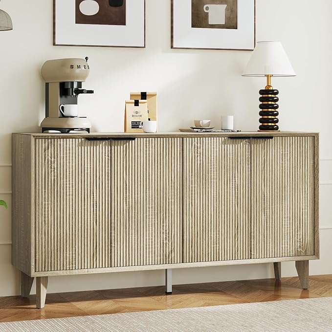 Fluted Cabinet with Storage, Buffet Storage with 4 Doors, Buffet Sideboard Accent Cabinet with Adjustable Shelves for Living Room, Kitchen, Entry, Hallway, Natural