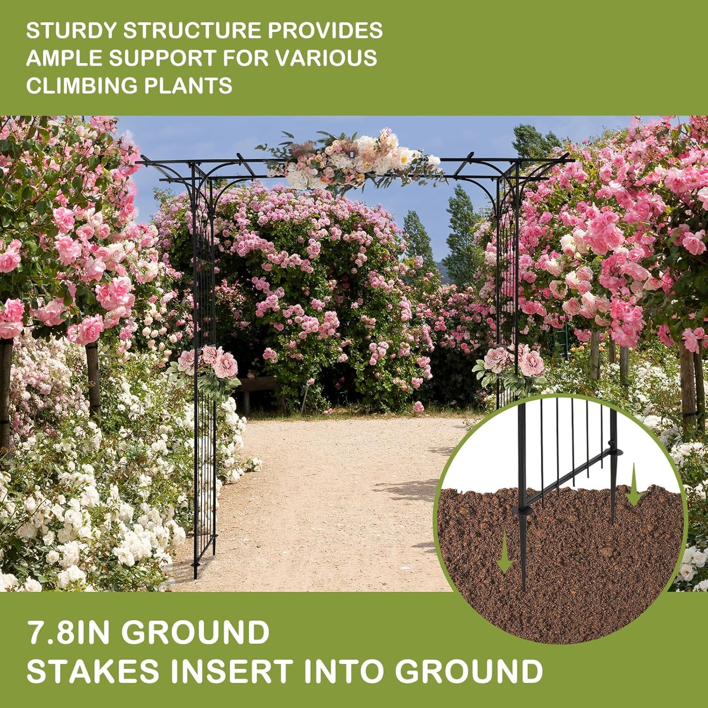 Outvita 7Ft Garden Arch Arbor, Steel Frame Stand Trellis, Arbour Archway for Wedding Ceremony Decoration Plant Climbing Rose Vines Lawn Courtyard Patio Pathway Black