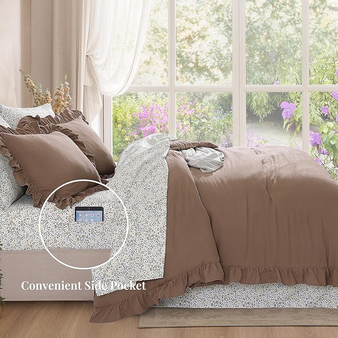 Oversized King Comforter Set - 7 Pieces Ruffle Amber Brown Bedding Sets, Shabby Chic Farmhouse Bed in a Bag with Ruffle Comforter, Floral Sheets, Pillowcases & Shams