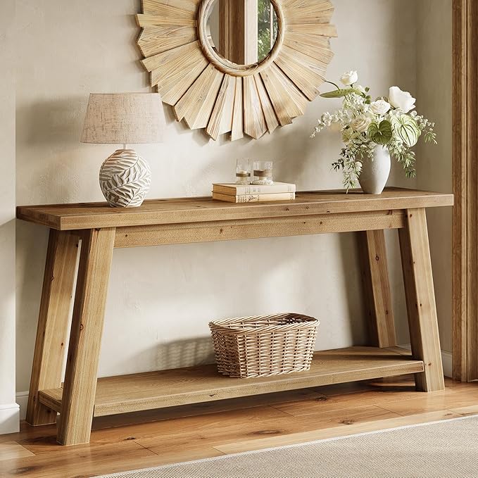 LITTLE TREE 70.9" Solid Wood Console Table for Entryway, 2-Tier Sofa Table Behind Couch, Farmhouse Entryway Table for Living Room, Bedroom, Foyer