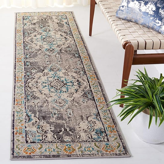 SAFAVIEH Monaco Collection Runner Rug - 2'2" x 8', Grey & Light Blue, Non-Shedding & Easy to Clean, Distressed Medallion Design, Ideal for Hallway, Foyer, Entryway, Kitchen, Bedroom (MNC243G)