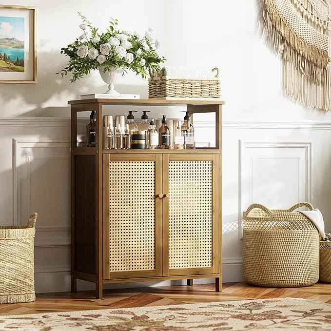 HITNET Rattan Bathroom Floor Cabinet, Freestanding Bamboo Storage Cupboard with 2 Doors, Living Room Sideboard, Space Saving, Walnut