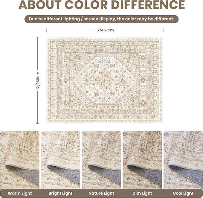 zesthome 12x15 Area Rugs, Large Washable Rug, Ultra-Thin Stain Resistant Rugs for Living Room, Bedroom, Non-Slip Backing Home Decor Area Rug (Cream/Beige,12'x15')