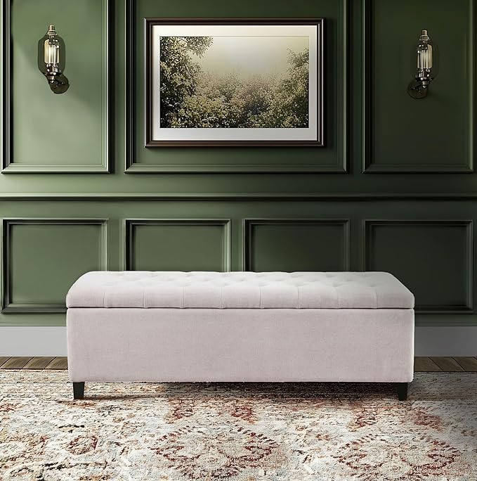 Madison Park Entryway Accent Bench for Living Room Flip Top Storage Chest, Shandra Tufted Top Upholstered Storage Bench End of Bed for Bedroom Furniture, Indoor Seating, 49" Wide, Natural