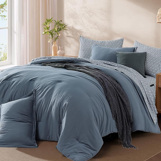 Monbix King Size Comforter Set - 7 Pieces Oxford Blue Prewashed Bed in a Bag King Bedding Sets with Comforters, All Seasons Ultra Soft Comforter Bed Set with Sheets,Pillowcases & Shams