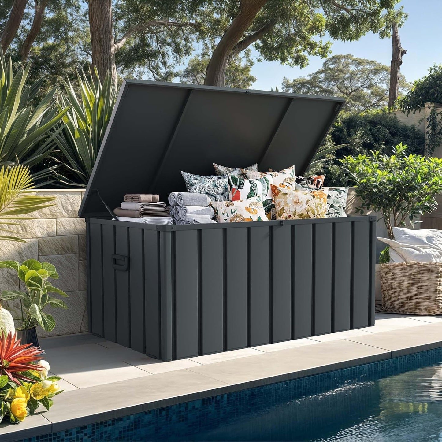 PURPLE LEAF Outdoor Deck Box 150 Gallon Waterproof Lockable Storage Box Container with Lid Deck Organization for Patio Cushions Side Table Pool Accessories Garden Tools, Gray