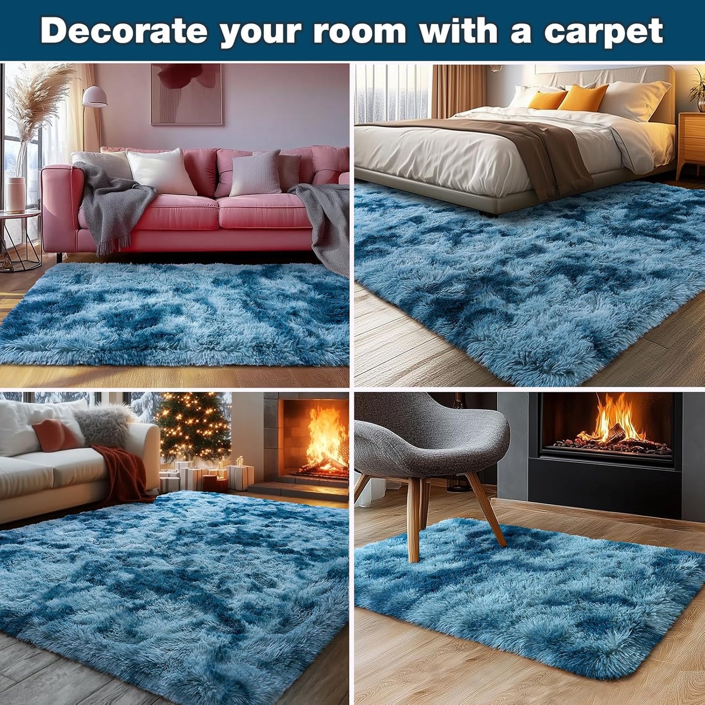 Rezutan Fluffy Rug for Living Room Bedroom, Super Soft Modern Shaggy Fuzzy Kids, Plush Indoor Nursery Home Decor Bedside for Living Room with Non-Slip Bottom, Tie Dye Peacock Blue, 4X6 Feet