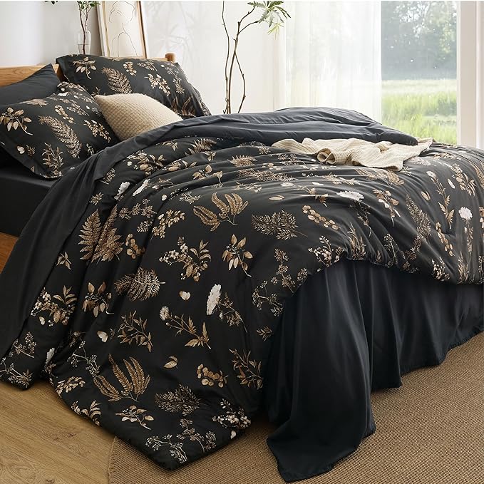 Bedsure Black Queen Comforter Set - 7 Pieces Floral Bedding Sets Queen Bed in a Bag with Reversible Botanical Flowers Comforter, Sheets, Pillowcases & Shams