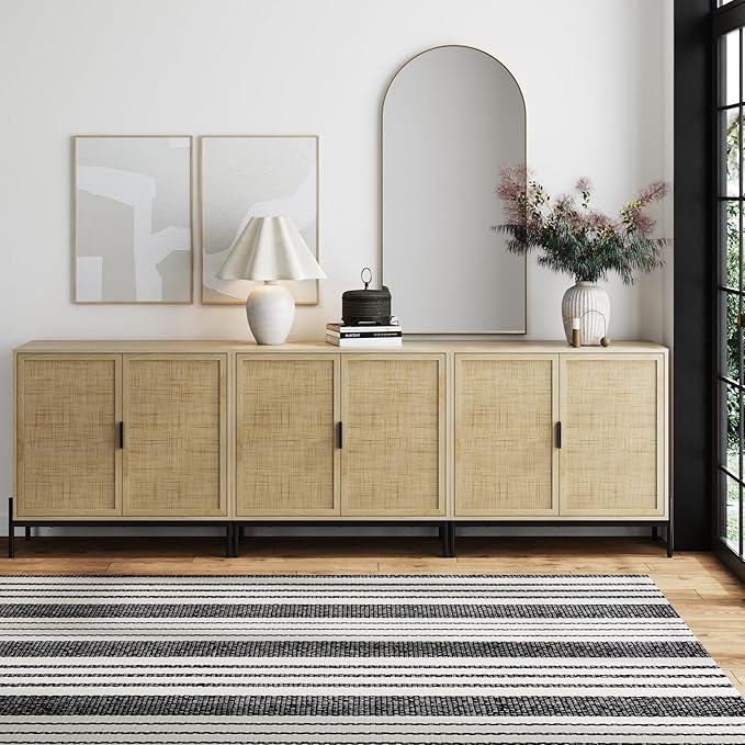Nathan James Andrew Bohemian TV Stand or Kitchen Sideboard Credenza, Rattan Accent Cabinet with Metal Legs, Light Oak/Matte Black, Set of 3