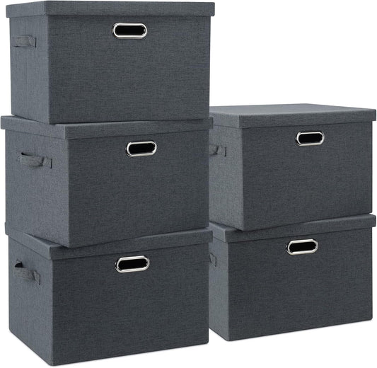 Large 17" 36 Quart Collapsible Stackable Storage Bins with Lids, 5 Packs Dark Gray Foldable Fabric Closet Storage Boxes with Lids Heavy-duty Linen Cube Baskets(17 x 12 x 11)