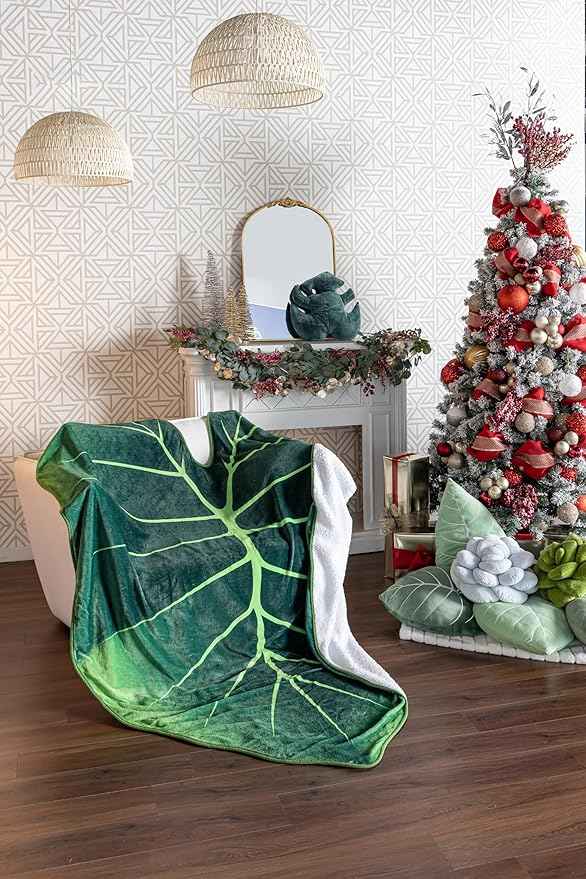 Green Philosophy Co. Regal Shield Alocasia Giant Leaf Shaped Blanket Monstera Flannel Throw Soft Cozy Breathable Lightweight and Decorative Leaves Design Gift for Plant Lovers Bed Sofa and Couch