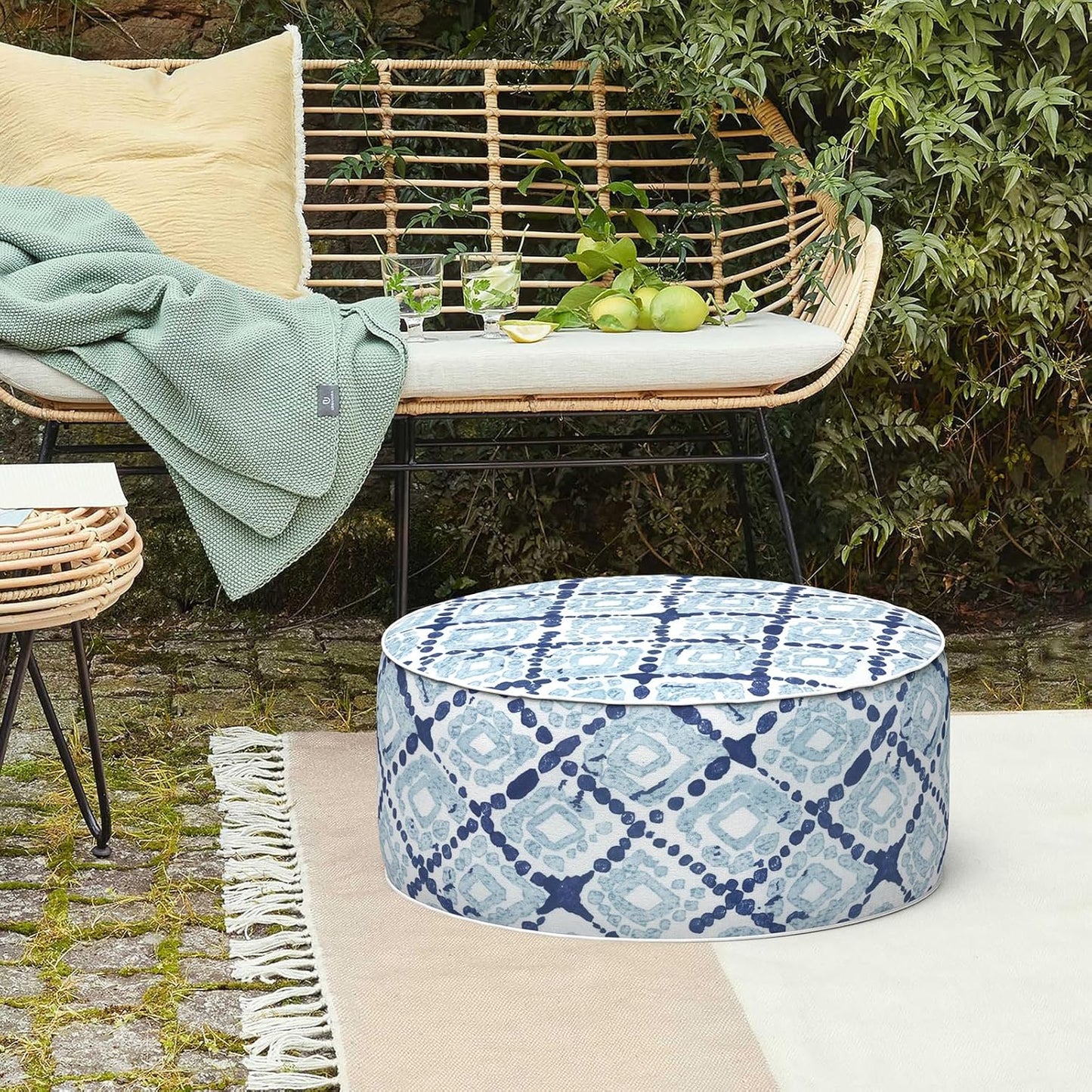 LVTXIII Inflatable Stool Ottoman Footrest with Handle, Decorative Fade-Resistant Foot Stool, Indoor or Outdoor Pouf for Home Garden and Camping Use, 21x21x9, Boho Geometry Blue