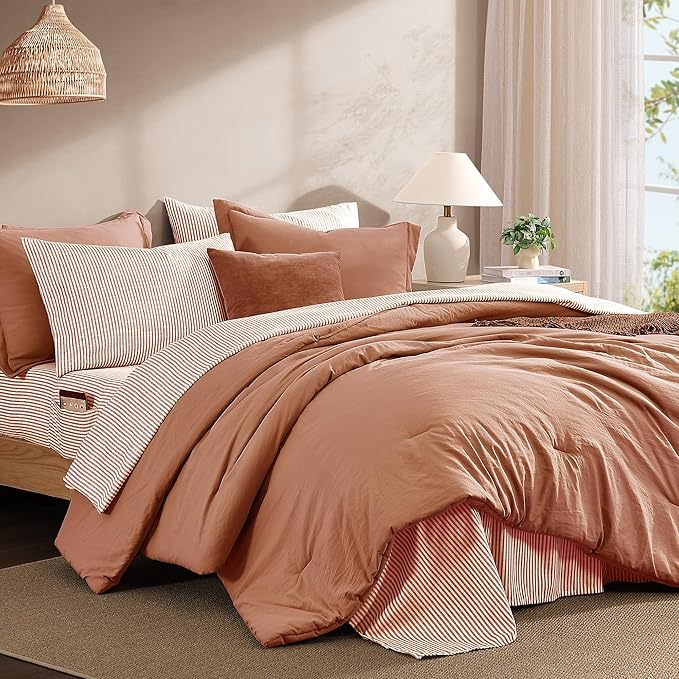 Monbix Full Size Comforter Set - 7 Pieces Autumn Leaf Prewashed Bed in a Bag Full Bedding Sets with Comforters, All Seasons Comforter Bed Set with Sheets, Pillowcases & Shams