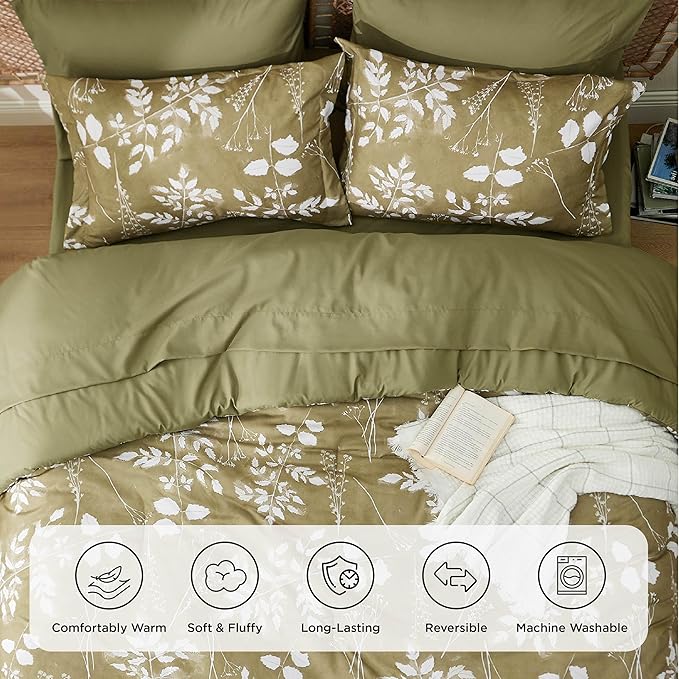 Bedsure Full Size Comforter Set - 7 Pieces Floral Olive Green Soft Bedding Sets, Full Bed in a Bag with Botanical Flowers Comforter, Sheets, Pillowcases & Shams
