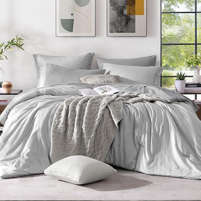 Monbix King Size Comforter Set, Grey Bed Set Reversible, King Size Comforter Set 7 Pieces, Cationic Dyeing Bed in a Bag with Comforter, Sheets, Pillowcases & Shams