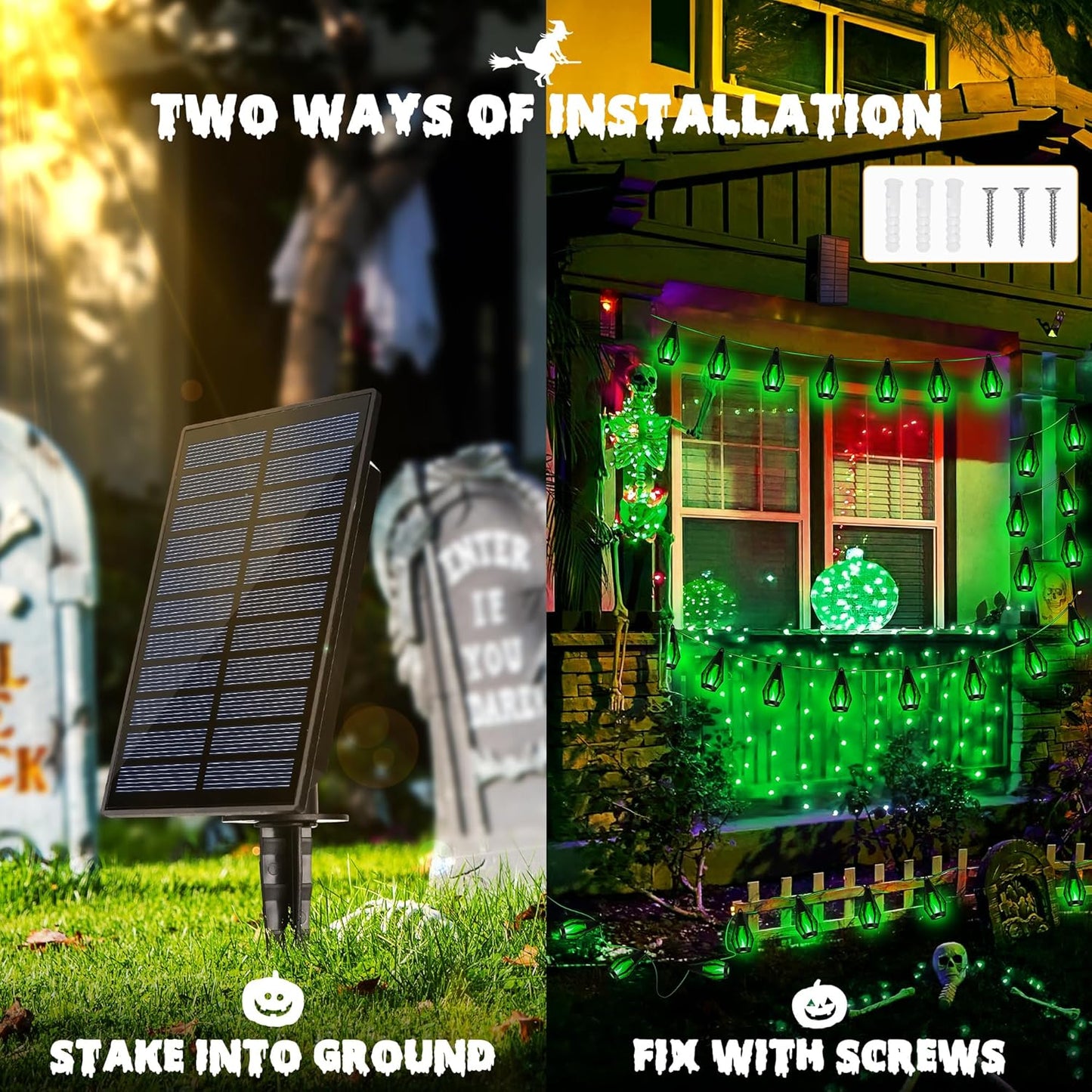 iBaycon Solar Halloween Lights, 27Ft 10 LED Bulbs Flickering Flame String Light, Outdoor Waterproof Solar Flame Lights for Garden Yard Patio Halloween Decorations (Green)