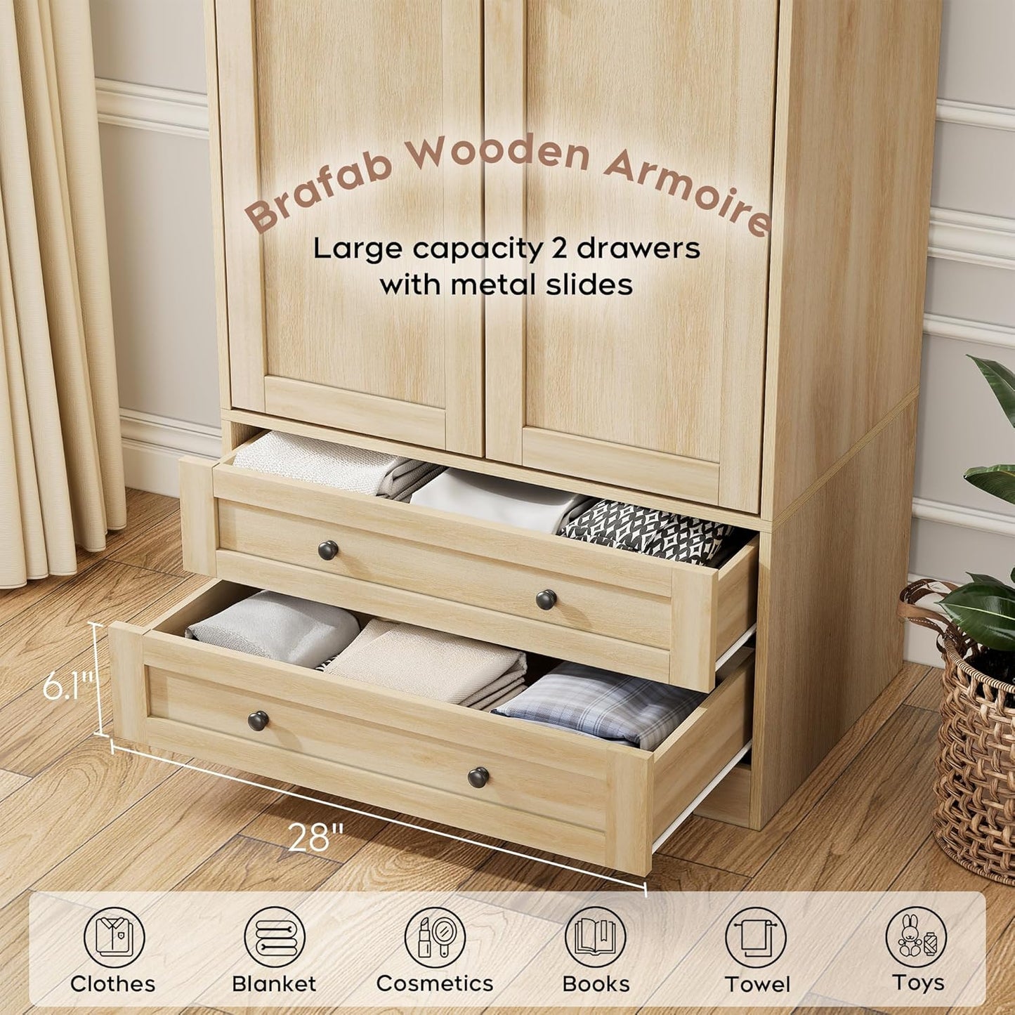 Brafab Wooden Armoire Wardrobe Closet with 2 Modern Doors, 71" Tall Freestanding Closet Wardrobe Cabinet with Drawers and Hanging Rail, Storage Cabinet with Shelve for Bedroom (Natural, 2 Doors) - Décor Diaries