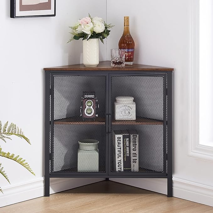 VECELO Corner Cabinet/Table, 3-Tier Display Shelves with Protection Door, Metal Frame Storage Shelf Organizer for Small Space, Living Room, Kitchen, Bathroom