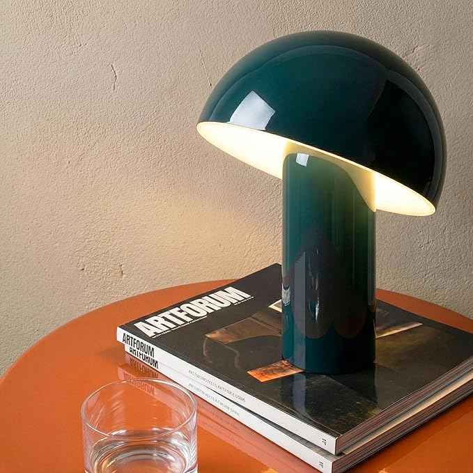 Brightech Celia Small Table Lamp – 10" Touch-Controlled Mushroom Desk Lamp, Cordless & Dimmable LED, Portable Bedside Night Light, Sustainable Light, Recycled Modern Patio Lamp for Home Décor – Teal