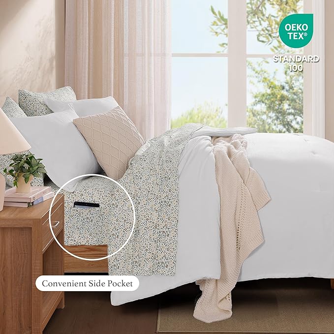 Monbix King Size Comforter Set - 7 Pieces White Prewashed Bed in a Bag King Bedding Sets with Comforters, All Seasons Ultra Soft Comforter Bed Set with Sheets, Pillowcases & Shams