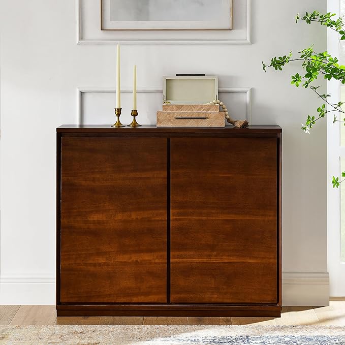 Ball & Cast 39″ Narrow Sideboard Cabinet with 2 Doors and 2 Outlet Holes, Mid Century Modern Credenza & Buffet Storage Cabinet for Living Room, Entryway,Kitchen Coffee Bar & Hallway, Walnut