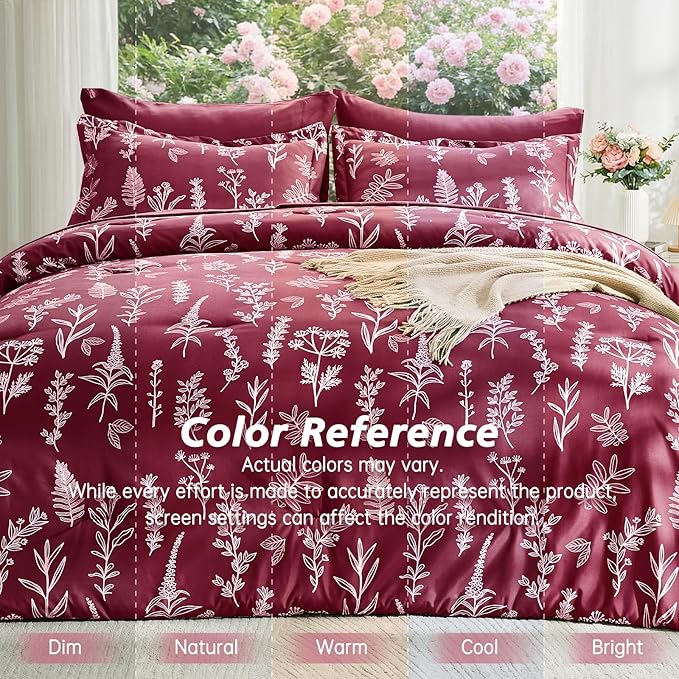 MUXHOMO Burgundy Full Comforter Set, Elegant Floral Print Bed in a Bag 7 Pieces, Ultra Soft & Breathable Reversible Botanical Pattern Bedding Set with Comforter, Sheets, Pillowcases, and Shams