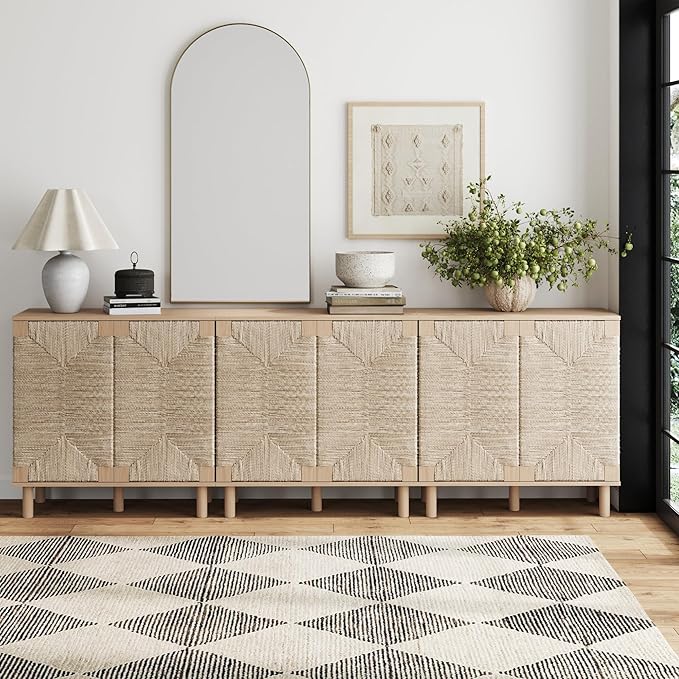 Nathan James Beacon Boho TV Stand, Free Standing Kitchen Cabinet Storage with Adjustable Interior Shelf and Seagrass Accent, Seagrass/Raw Oak, Set of 3