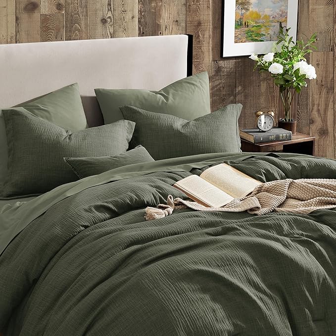 Geniospin Dark Olive Green Oversize Queen Comforter Set - 7 Pieces Comforter Queen Size, Solid Bedding Set for All Season, Textured Bed in a Bag with Sheets