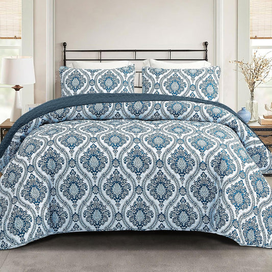 Exclusivo Mezcla Reversible Boho Quilt Set King Size, 3 Pieces Damask Blue All Season Bedspreads, Ultra Soft Floral Coverlet Bedding Set with Printed Pattern (1 Quilt, 2 Pillow Shams)