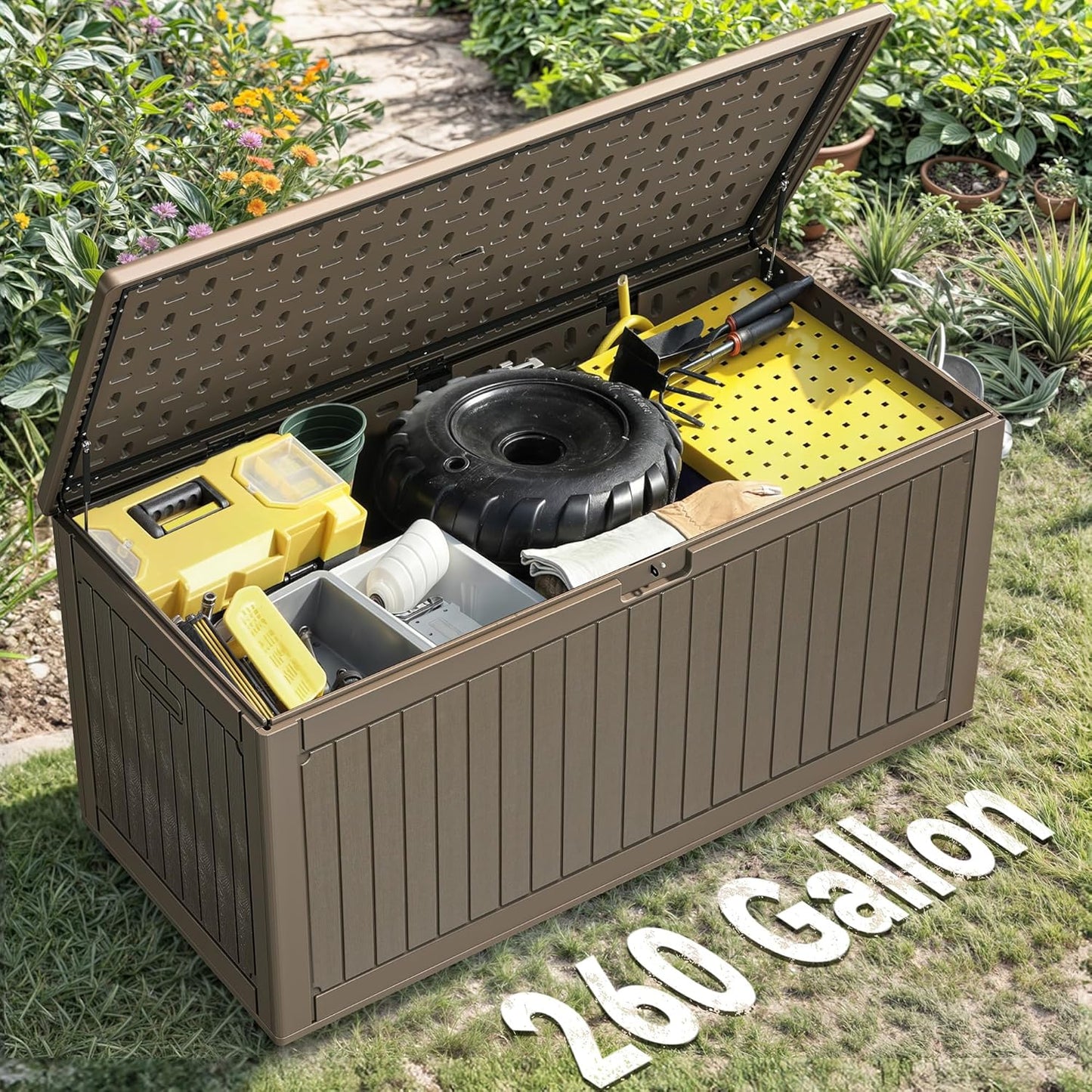 YITAHOME 260 Gallon Double-Wall Deck Box with Divider & Side Handles, Outdoor Large Storage for Patio Furniture Cushions, Garden Pool Accessories, Water Resistant & Lockable